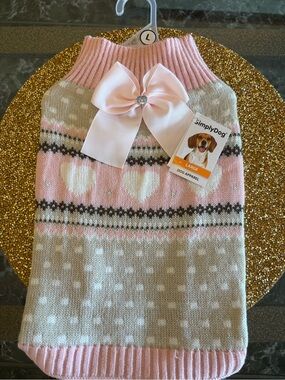 SimplyDog NWT  Heart Knit Dog Sweater with Bow/ heart jewel in pink/beige. Large
